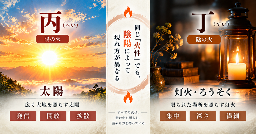 算命学の丙と丁を太陽と灯火で比較した図