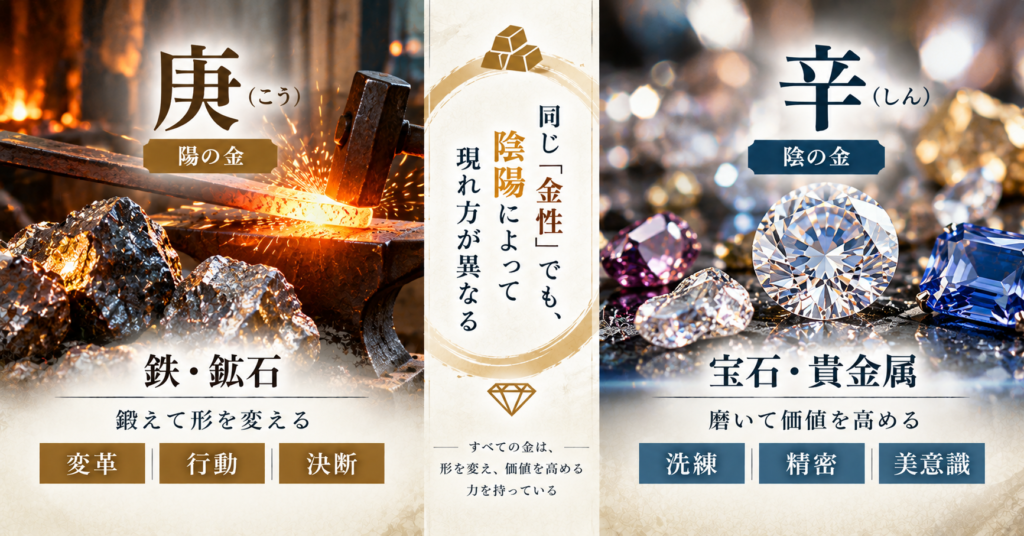 算命学の庚と辛を鉄・鉱石と宝石で比較した図