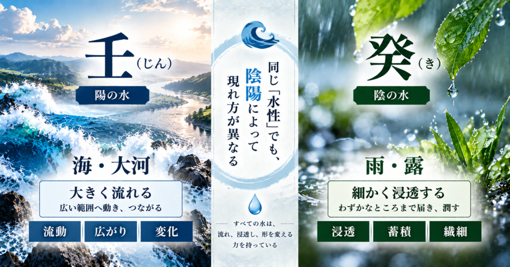 算命学の壬と癸を海・大河と雨・露で比較した図