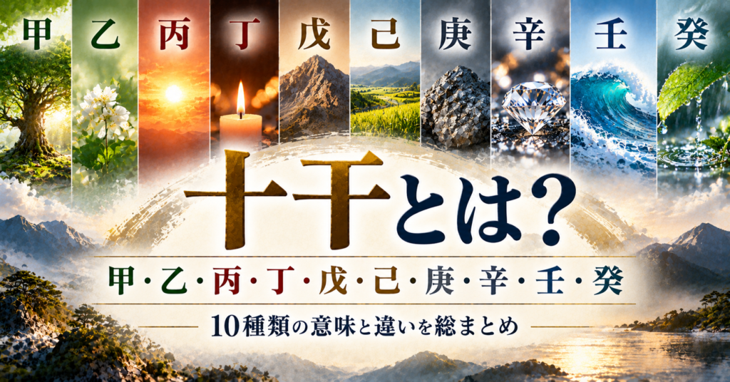 大きく「十干とは？」、その下に「甲・乙・丙・丁・戊・己・庚・辛・壬・癸」、小さく「10種類の意味と違いを総まとめ」